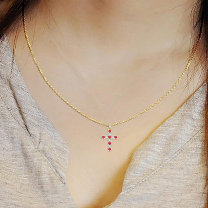 3.2MM round Cut Ruby & Natural Diamond Cross Pendant Necklace for Women in 14K Yellow Gold Plated (Clarity I2-I3, Color I-J, 0.72 Cttw) (Chain Not Included)