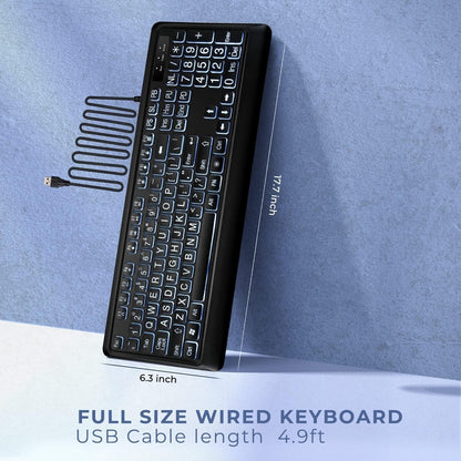 Large Print Backlit Keyboard, Quiet USB Wired Computer Keyboard, Full Size Keyboard with White Illuminated LED Compatible for Windows Desktop, Laptop, PC, Gaming, Black