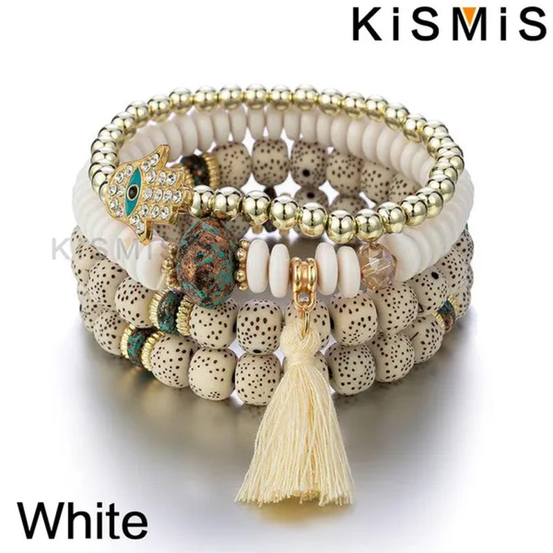 KISMIS 4Pcs/Set Bohemian Mix Bead Multi Layer Versatile Statement Bracelet Stackable Beaded Strand Stretch Bangles Sparkly Crystals Tassel Charms 1Set or 2Sets Optional