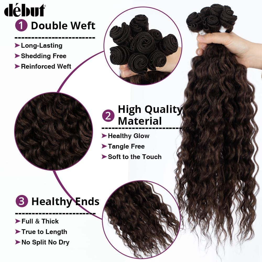 Synthetic Hair 8 Bundles with Simple Closure Water Wave High Temperature Fiber Wavy Hair Weave 9PCS 20 Inches 240G Brown
