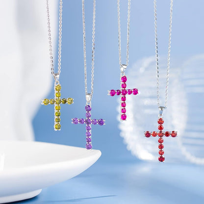 Gemstone Cross Necklace 925 Sterling Silver Created Birthstone Cross Prong Pendant Necklace Faithful Gift Ideas Fine Jewelry for Her Girlfriend Women Girls, 16" + 2" Extender