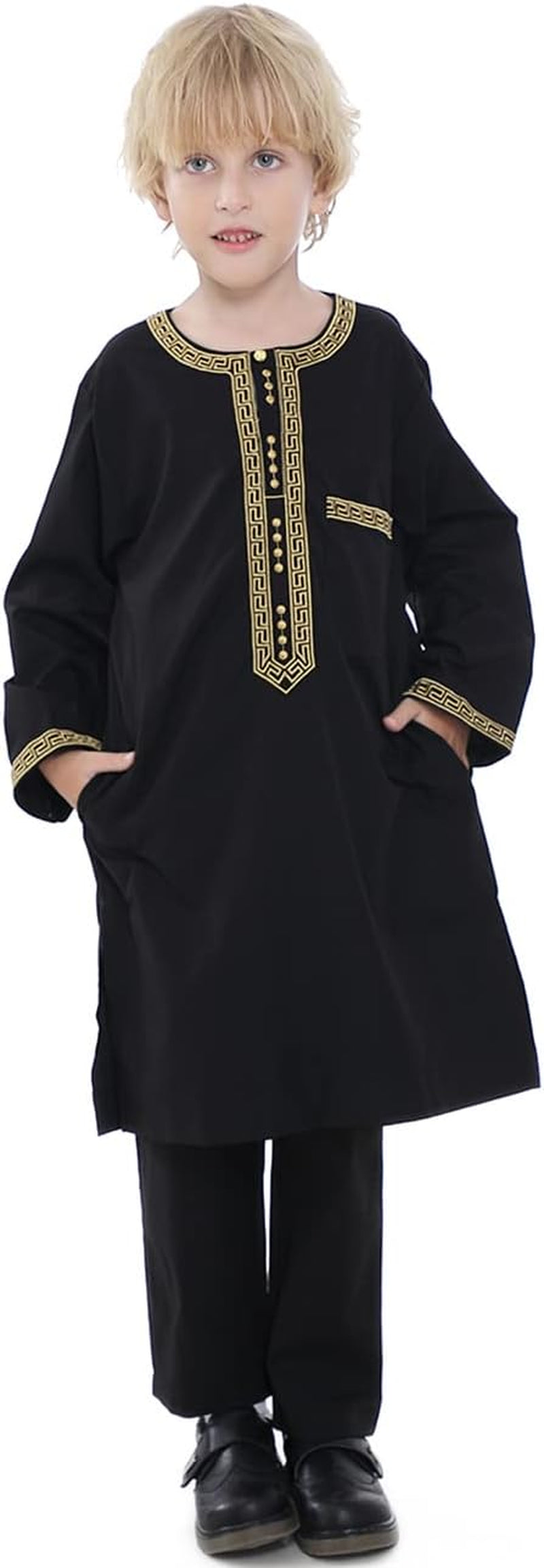 Boy'S Muslim Clothing Kaftan Set - Middle East Youth Embroidered Robe Suit round Neck Islamic Dress Arabic Wear - WORLD TIME VISITS