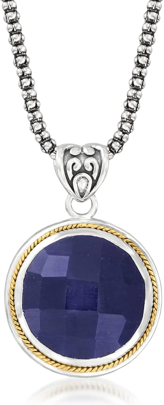 15.00 Carat Sapphire Pendant Necklace in Sterling Silver and 18Kt Yellow Gold. 18 Inches - WORLD TIME VISITS