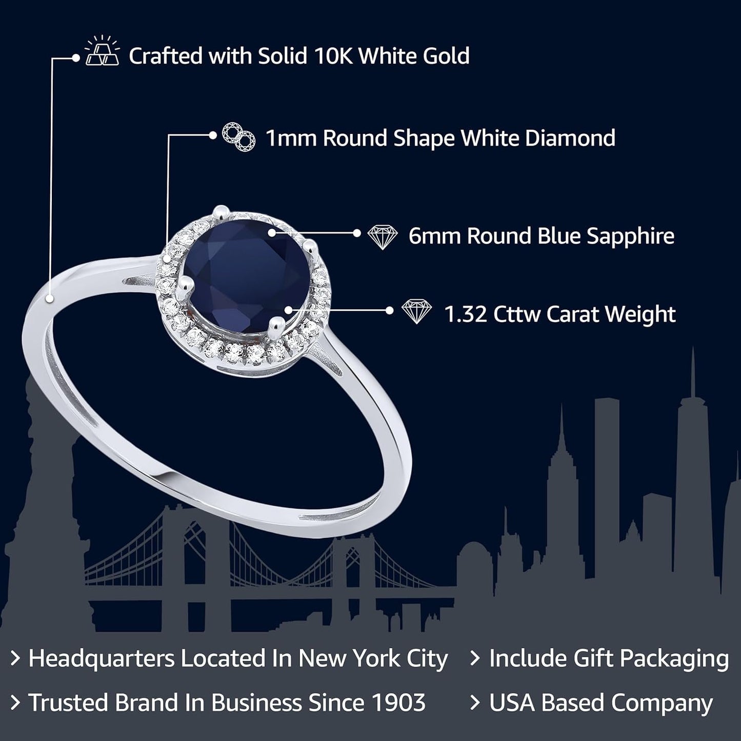 10K White Gold Gemstone Birthstone and Diamond Halo Promise Wedding Engagement Ring | round 6MM | White Gold Ring for Women