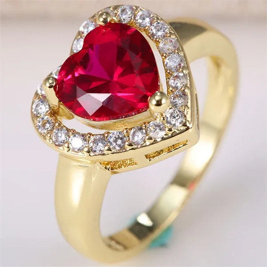 Love Heart 1.2CT Hot Pink Ruby  Yellow Golden Wedding Bands Women's Rings Brilliant Accessories Engagement Trendy Jewelry Size 6-10