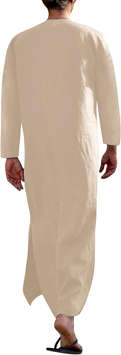 Men'S Kaftan Thobe Long Sleeve Men Thobe Robe Side Split Men Thobe with Pockets Casual Thobe