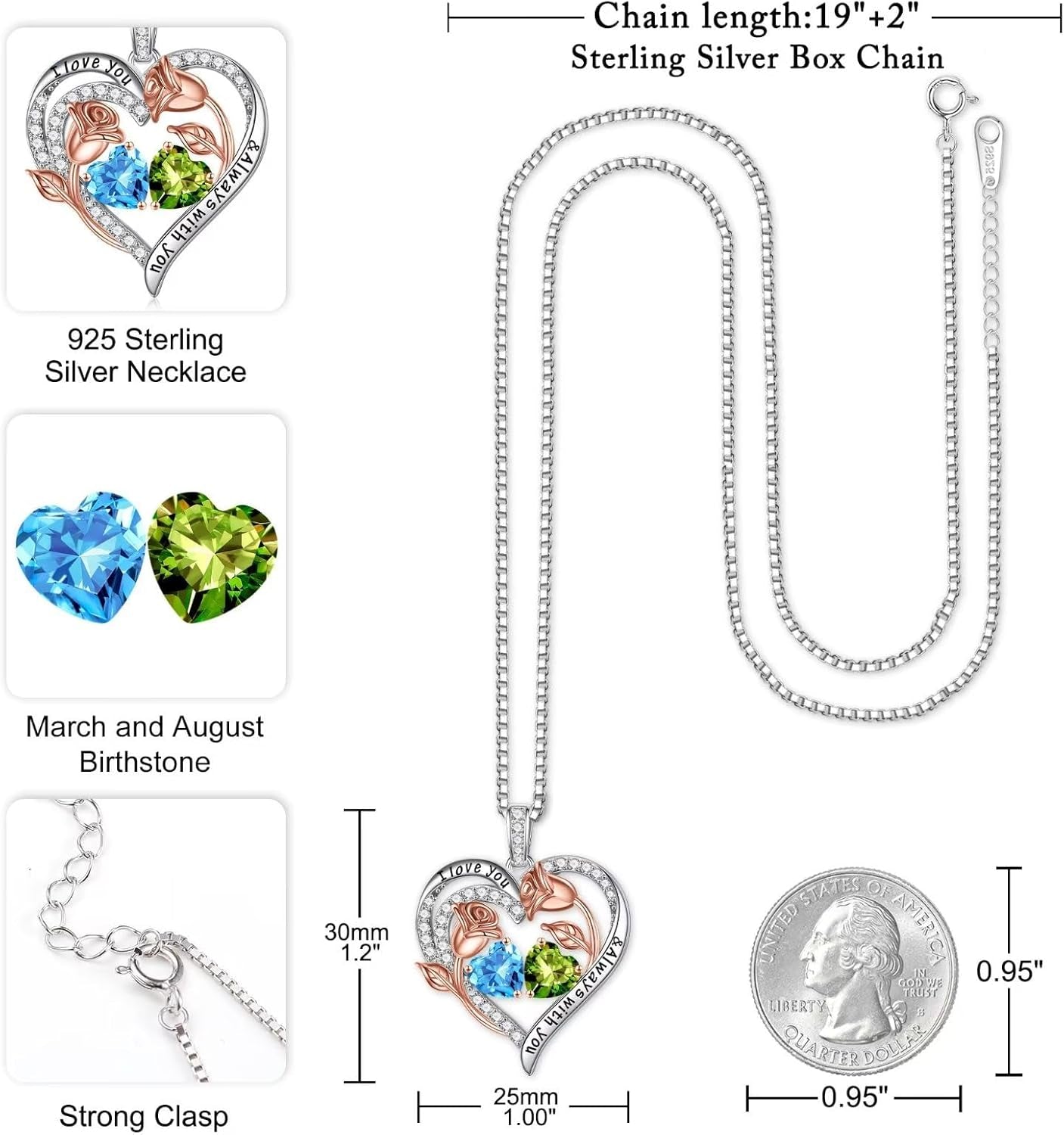 Birthstone Necklace for Women - 925 Sterling Silver Rose Heart Birthstone Necklace Birthday Gifts for Women Anniversary Jewelry Gifts for Her Wife Mom Daughter