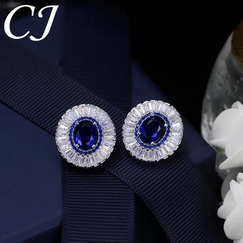 CANDICE Classic Round Blue CZ Stone Party Jewelry Sets For Women Elegant Blue Cubic Zirconia Stud Earrings And Necklace 2 Piece Set