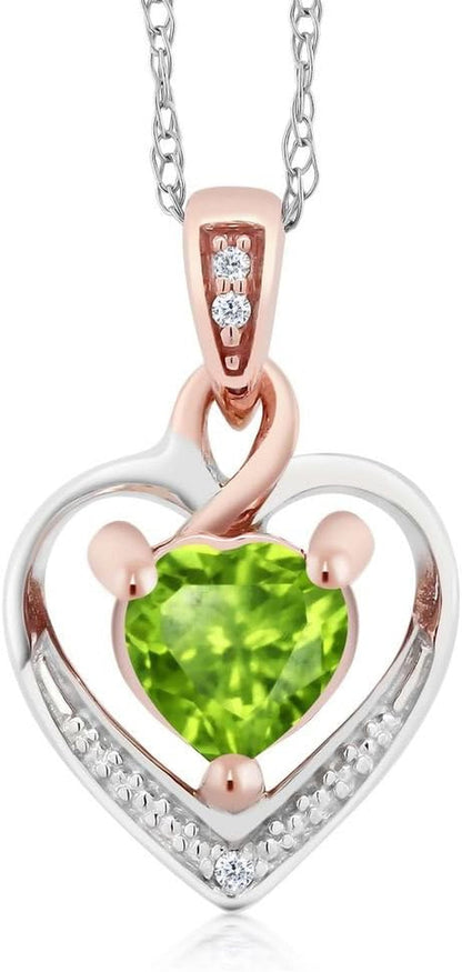 10K White and Rose Gold 5MM Peridot and Diamond Heart Shape Pendant Necklace for Women (0.50 Cttw, Gemstone Birthstone, with 18 Inch Chain) - WORLD TIME VISITS