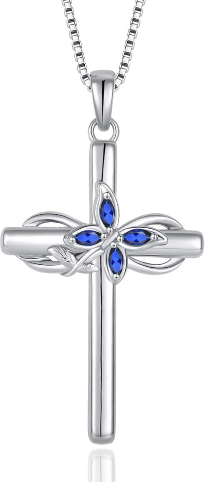 Cross Necklace for Women 925 Sterling Silver Infinity Butterfly Cross Pendant Necklace Birthstone Jewelry Gifts for Her - WORLD TIME VISITS