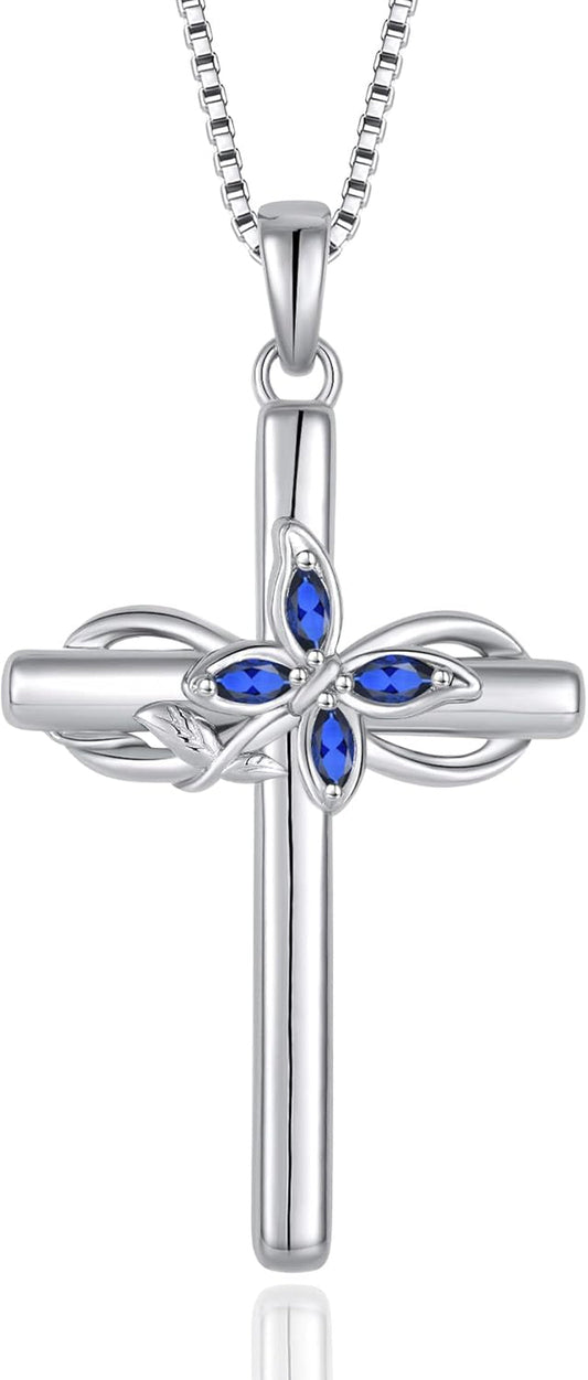 Cross Necklace for Women 925 Sterling Silver Infinity Butterfly Cross Pendant Necklace Birthstone Jewelry Gifts for Her - WORLD TIME VISITS