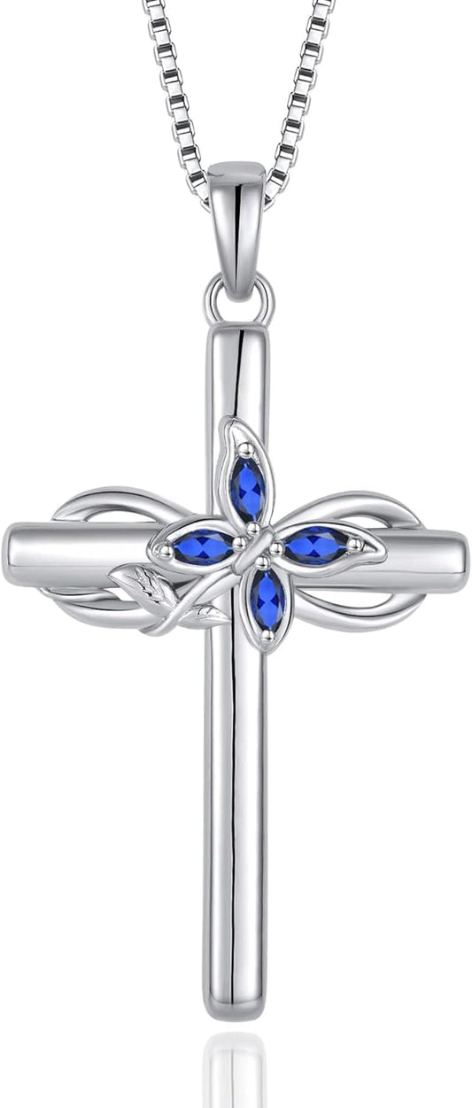 Cross Necklace for Women 925 Sterling Silver Infinity Butterfly Necklace Birthstone Jewelry Gifts for Women Her Mom Wife Girlfriend Daughter