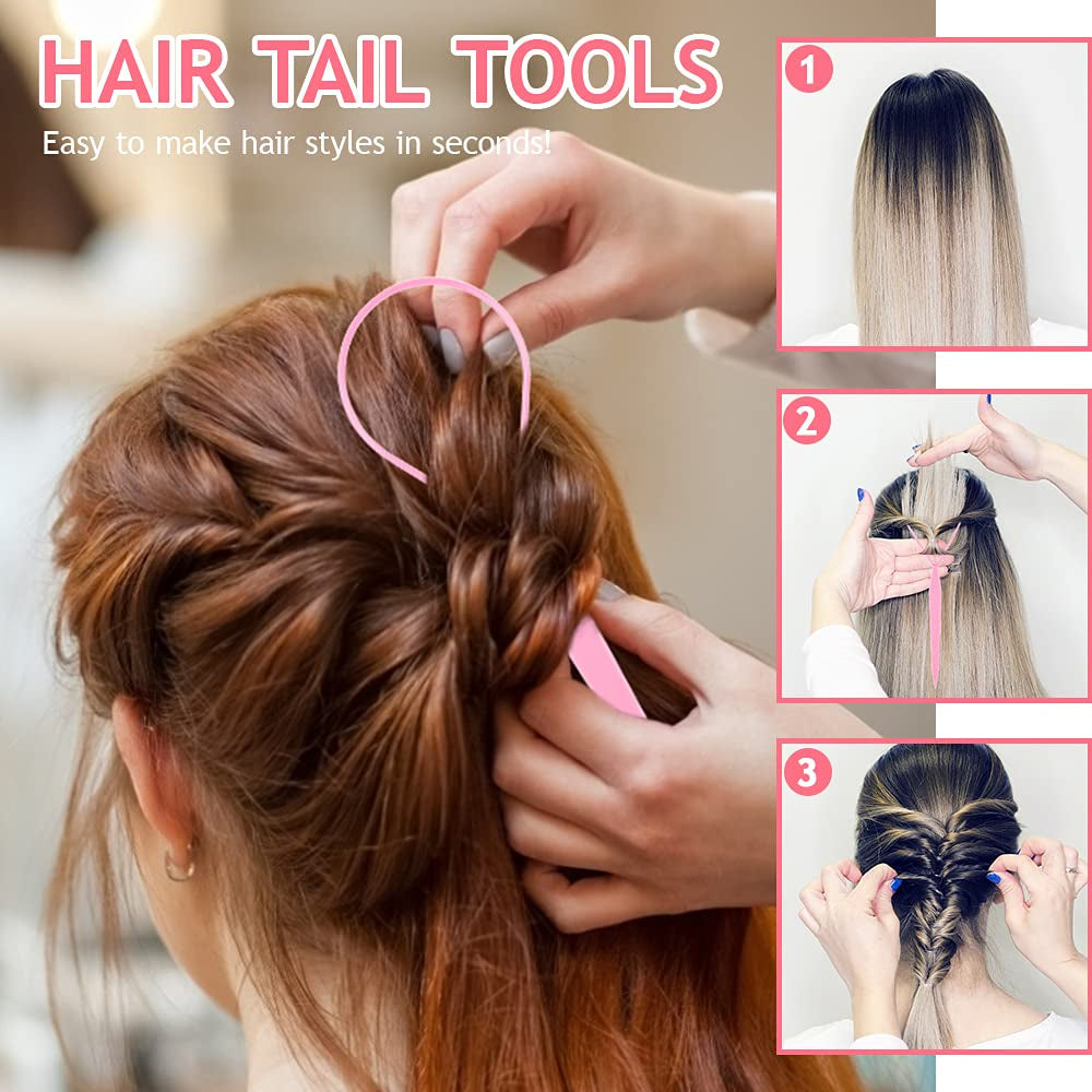 Hair Styling Tool Set - 3 Pcs French Braid Tool, Rat Tail Comb, and Metal Braiding Pin in Pink