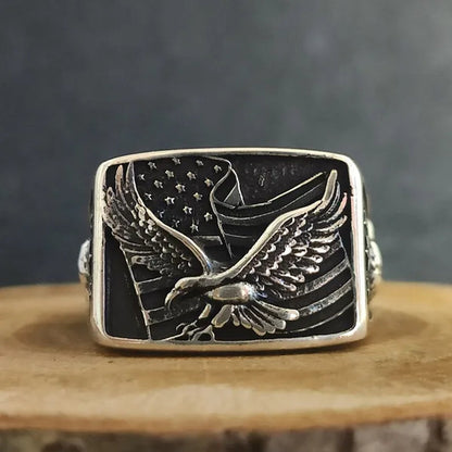 American ring, American Flag Ring, Bald Eagle Figured American Patriot Silver Men's Ring, Handmade 925k Sterling Silver Ring Gift for him,