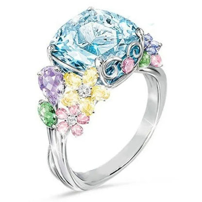 Unique Flower Silver Multicolor Gemstone Aquamarine Square Princess Ring Woman Engagement Ring Anniversary Statement Natural Gemstones Pink Sapphire Ring