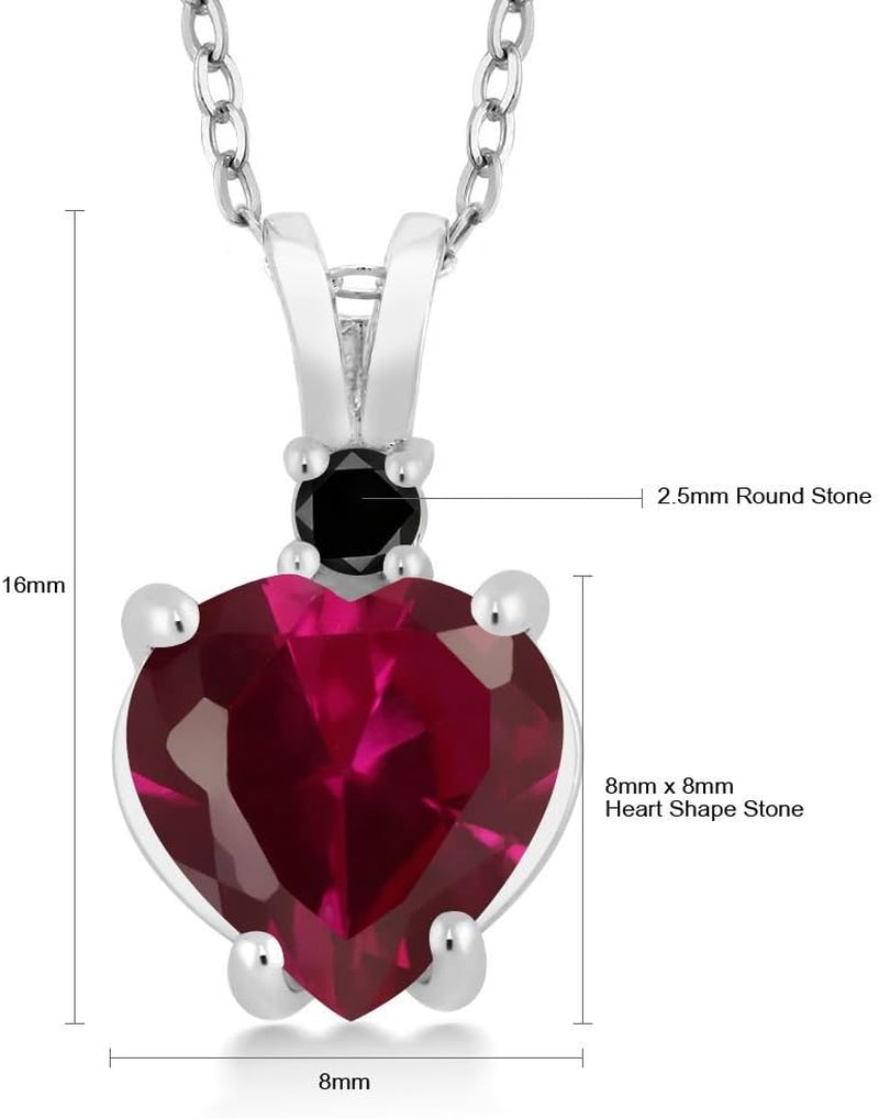 2.25 Cttw 14K White Gold Red Created Ruby and Black Diamond Pendant Necklace for Women | Heart Shape 8MM | with 18 Inch Chain