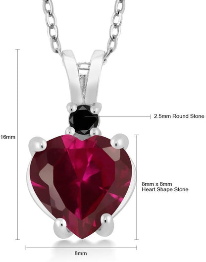 2.25 Cttw 14K White Gold Red Created Ruby and Black Diamond Pendant Necklace for Women | Heart Shape 8MM | with 18 Inch Chain