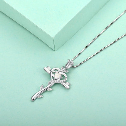 Rose Cross Necklace 925 Sterling Silver Heart Crucifix Pendant Birthstones Jewelry for Women