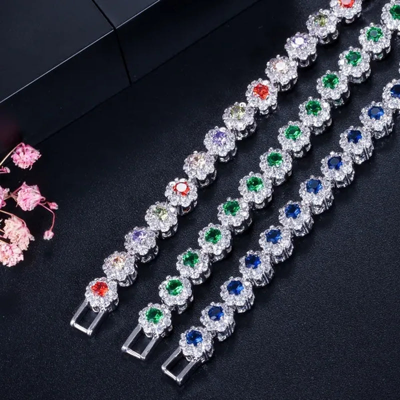 CANDICE 2023 New Sterling Silver Party Jewelry with Green Crystal Stone and CZ Zirconia Women Flower Charm Bracelets Bangles