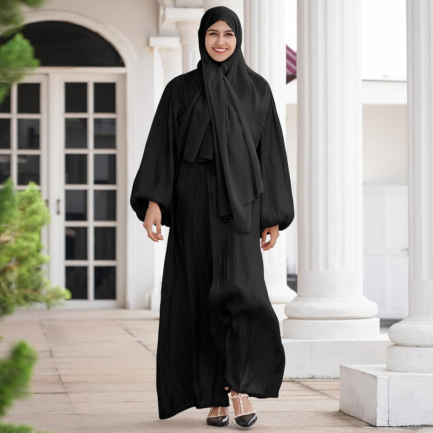 Women Silk Muslim Dresses Abaya with Hijabs Scarf Open Front Cardigan Maxi Dress Dubai Robe Islamic Middle East Ethnic Dress