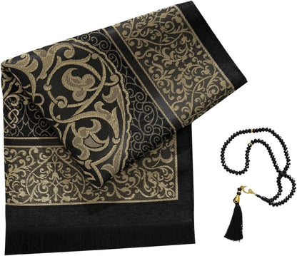 Muslim Prayer Rug with Tasbih - Prayer Mat - Islamic Gifts Set - Prayer Matt Islam - Travel Prayer Mat - Islamıc Prayer Rug - Portable Prayer Mat - Muslim Gifts for Women Men (Black)