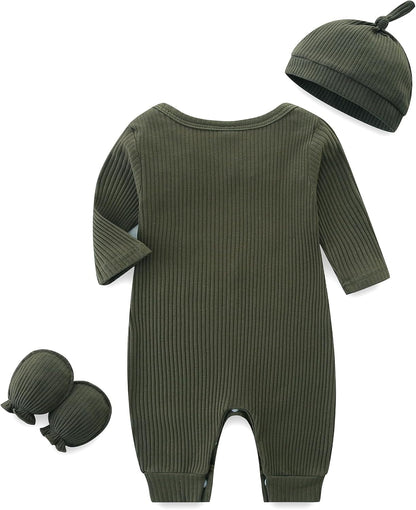 Unisex Newborn Baby Onesie Ribbed Romper Infant Long Sleeve Jumpsuit Hat and Gloves - WORLD TIME VISITS