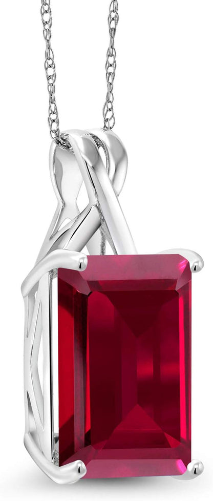 10K White Gold Emerald Cut 14X10MM Gemstone Birthstone Pendant Necklace for Women with 18 Inch 10K White Gold Chain