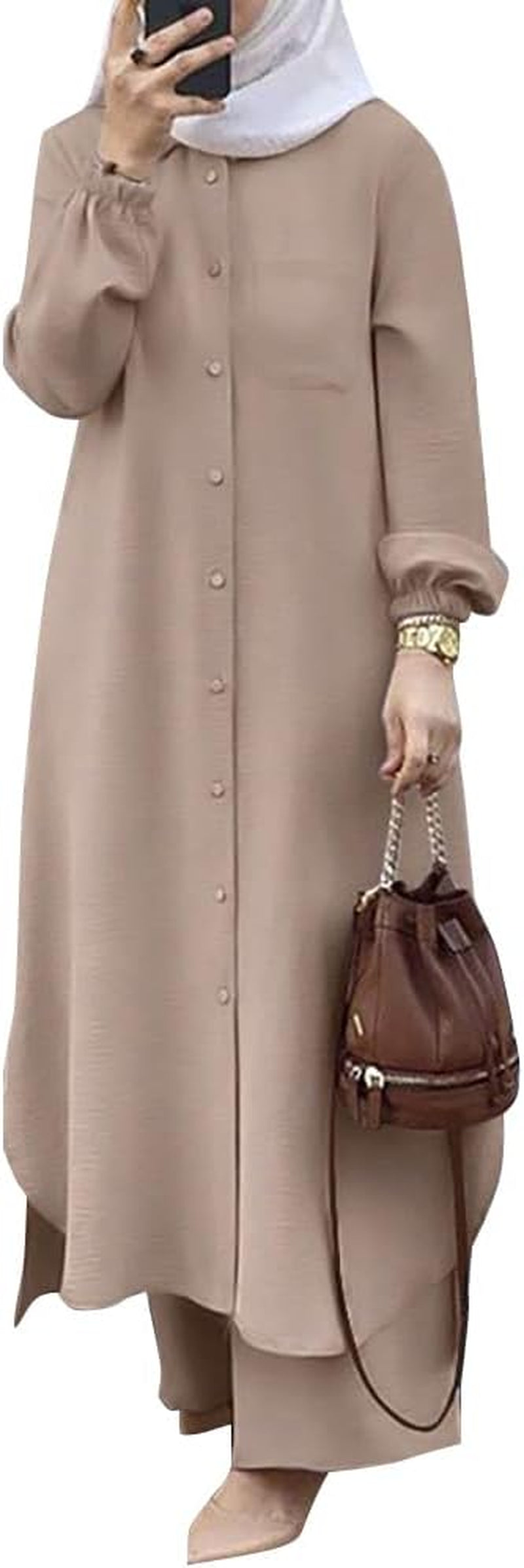 Women'S Muslim 2 Pieces Sets Long Sleeve Button down Shirt and Pants Abaya Casual Dress Dubai Outfits - WORLD TIME VISITS