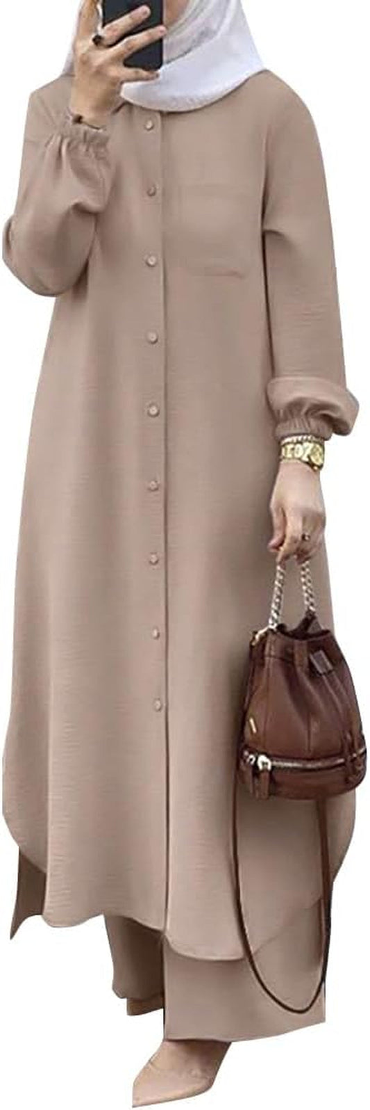 Women'S Muslim 2 Pieces Sets Long Sleeve Button down Shirt and Pants Abaya Casual Dress Dubai Outfits - WORLD TIME VISITS