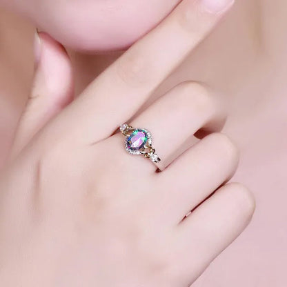 Fashion Wedding Bride Oval Cut Rainbow Blue Topaz Sapphire Ruby Gemstone Jewelry Ring