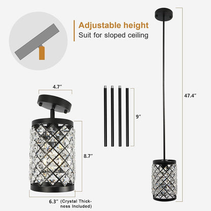 Modern Black Crystal Pendant Light, Industrial 1-Light Small Hanging Glass Ceiling Lamp Crystal Chandelier for Kitchen Island Sink Dining Living Room Bedroom Entryway