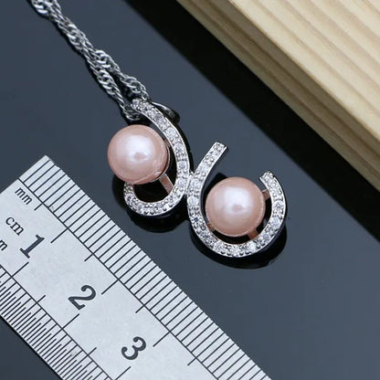 Luxury Silver 925 Jewelry Sets for Women Shiny Pink Pearl Bracelet Topaz Earrings Ring Necklace Sets Gift for Her Dropshipping