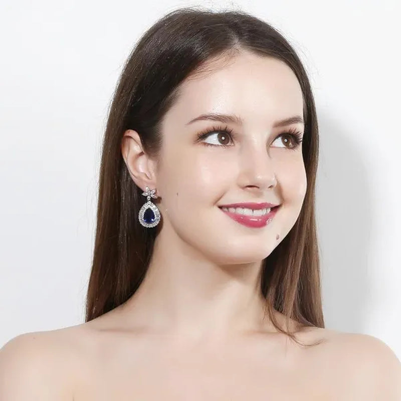 CANDICE Luxurious CZ Wedding 4 Pcs Set For Bridal Sparkling Water Drop Blue Zirconia White Gold Plated Necklace Earrings Bracelet Ring Sets - WORLD TIME VISITS