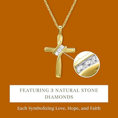 Small 14KT Yellow Gold Plated & Sterling Silver Natural Round-Cut Diamond Accent 3 Stone Cross Pendant with an 18 Inch Chain