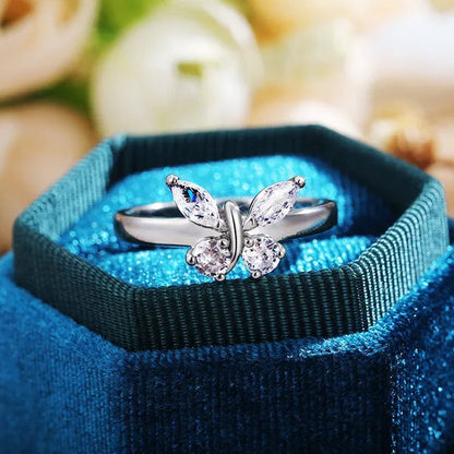 "If you are in full bloom, the butterfly will come" luxury silver crystal butterfly ring cubic zirconia exquisite bridal wedding party ring fashion jewelry (size: 5-11)