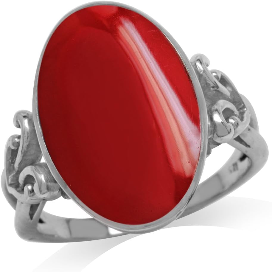 Oval Shape Created Red Coral Inlay 925 Sterling Silver Victorian Style Heart Knot Ring