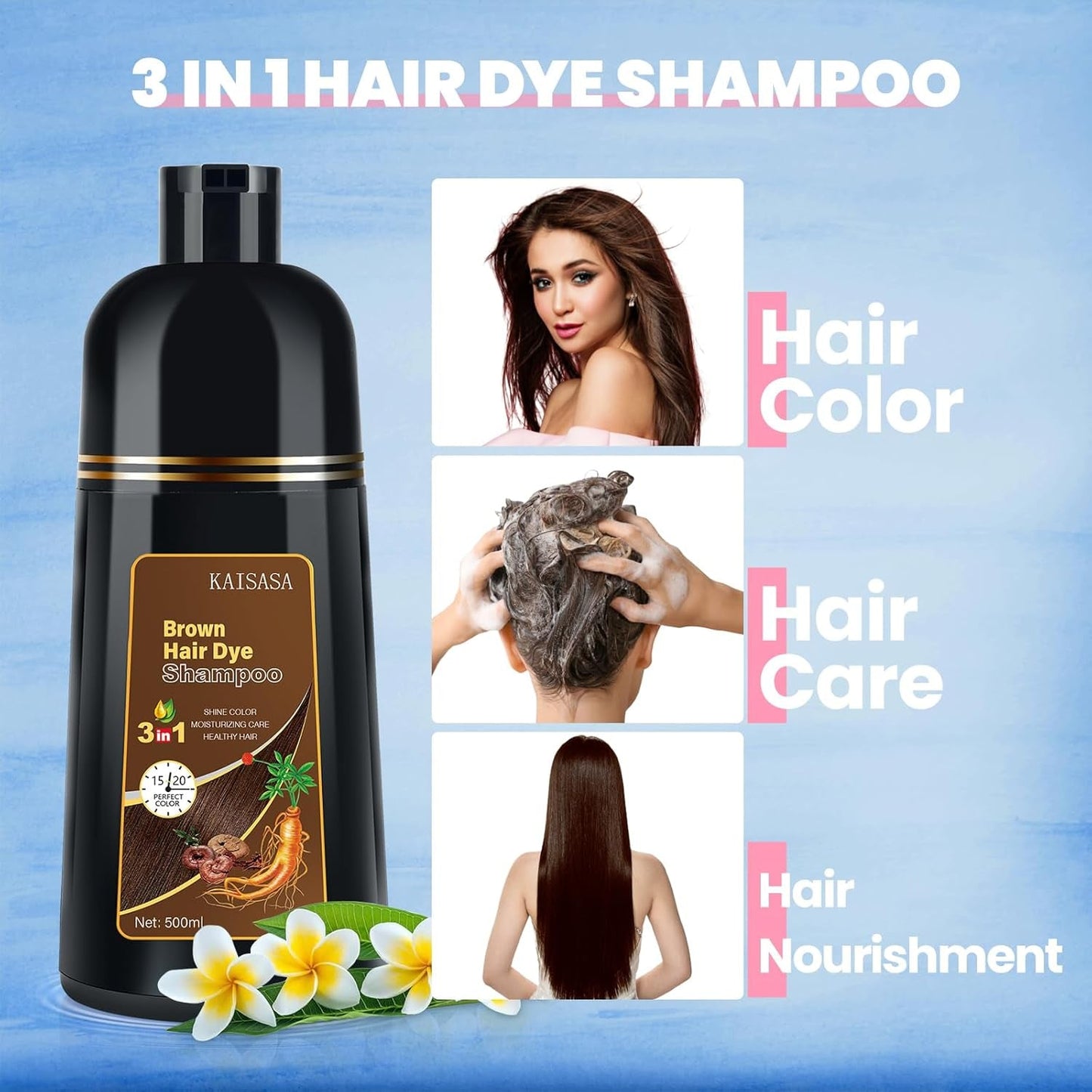 KAISASA Hair Color Shampoo, Brown Hair Dye Shampoo 3 in 1 for Women&Men, Herbal Ingredients, Shampoo Hair Dye in Minutes/Semi-Permanent/(16.9 FL OZ)