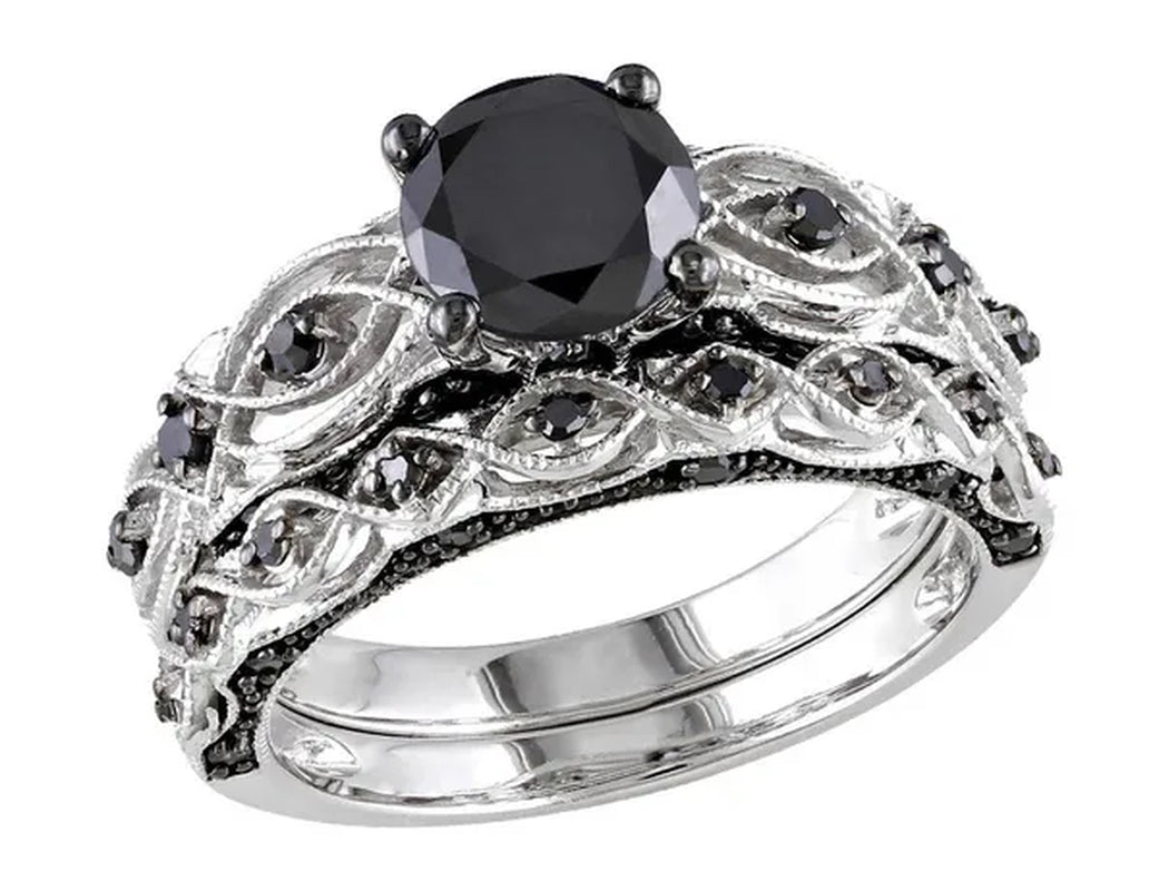 1.39 Carat (Ctw) Black Diamond Engagement Ring and Wedding Band Set in 10K White Gold