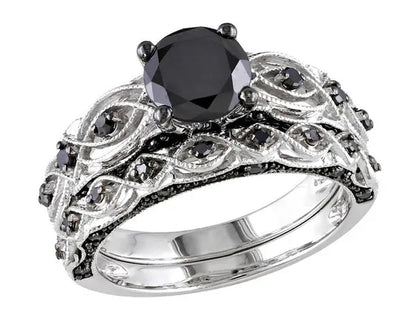 1.39 Carat (Ctw) Black Diamond Engagement Ring and Wedding Band Set in 10K White Gold