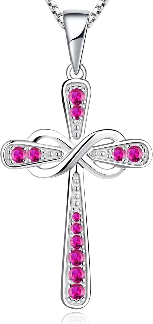 Women'S Cross Necklace 925 Sterling Silver Infinity Pendant Birthstone Criss Jewelry - WORLD TIME VISITS