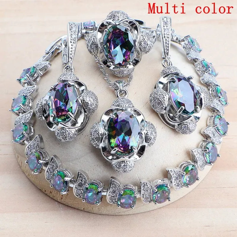 925 Silver Blue/Green/Purple/Rainbow Zirconia Bridal Jewelry Set For Women Bracelet Earrings Pendant Necklace Rings