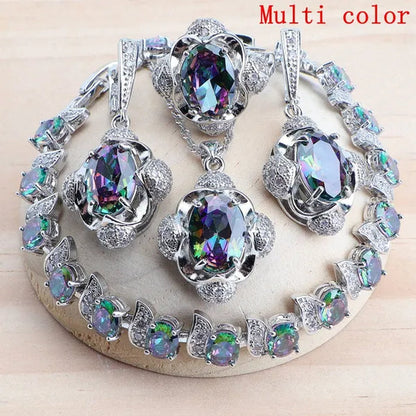 925 Silver Blue/Green/Purple/Rainbow Zirconia Bridal Jewelry Set For Women Bracelet Earrings Pendant Necklace Rings