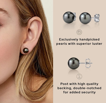 Tahitian Real Pearl Earrings for Women - Black 14K Gold Stud Earrings | Hypoallergenic Earrings with Genuine Cultured Pearls, 8.0Mm-12.0Mm