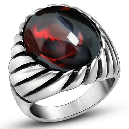 NOVE JEWELRY men's fashion new elegant vintage gothic band 316L stainless steel ring ellipse charm red rhinestone rings wedding band silver + red US Size 7 to 12