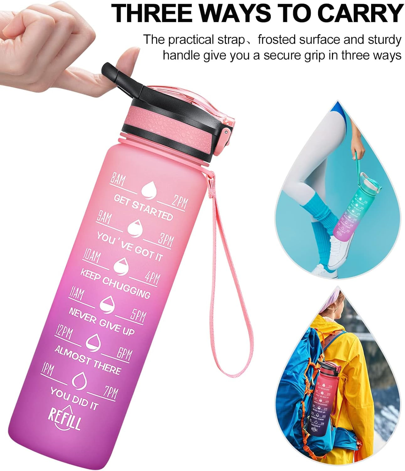 32/24 Oz Water Bottles with Removable Straw & Time Marker, Motivational Sports Bottles with BPA Free Tritan Material, Leakproof Water Jug for Fitness