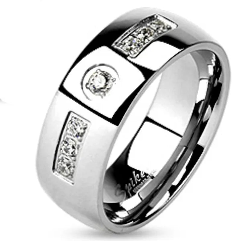 His and Hers Stainless Steel Princess Wedding Ring Set and Zirconia Wedding Band
