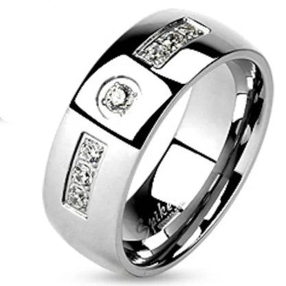 His and Hers Stainless Steel Princess Wedding Ring Set and Zirconia Wedding Band