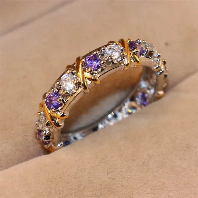 Brand Jewelry Lady's 925 Sterling Silver pink Tanzanite Couple rings Yellow Gold Cross Eternal Wedding Ring for Women