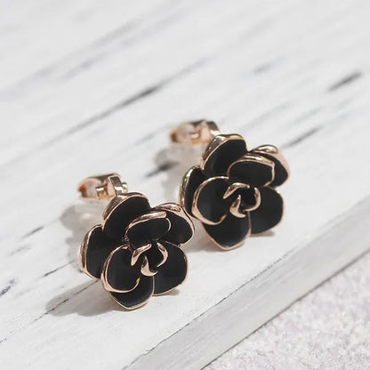 2PCS Women Gold Plated Black Rose Flower Clip on Earrings Non-pierced Jewelry