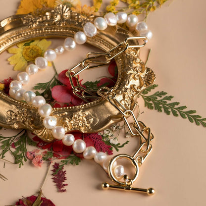 Paper Clip Pearl Necklace Vintage Chunky Link Chain Baroque Cultured Pearls 18K Gold Choker Fashion Retro Charm Valentine Jewelry for Women Girls